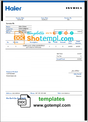 editable template, USA Haier invoice template in Word and PDF format, fully editable