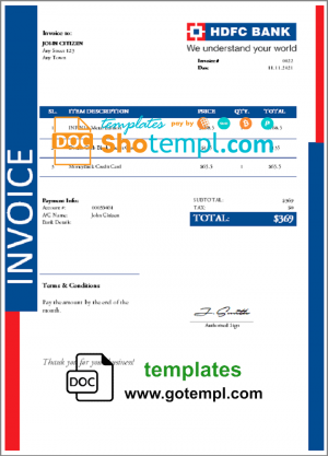editable template, USA HDFC invoice template in Word and PDF format, fully editable