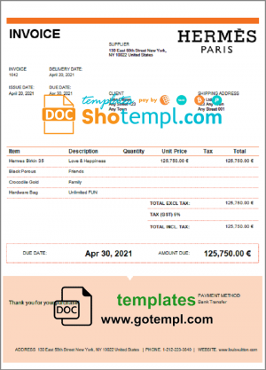 editable template, USA Hermes invoice template in Word and PDF format, fully editable