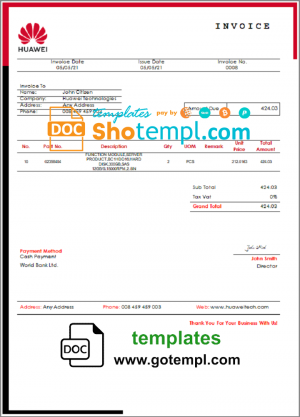 editable template, USA Huawei invoice template in Word and PDF format, fully editable