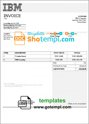 editable template, USA IBM invoice template in Word and PDF format, fully editable