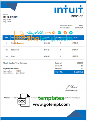 editable template, USA Intuit invoice template in Word and PDF format, fully editable