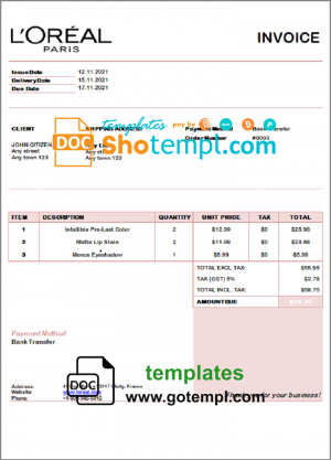 editable template, USA L'oreal Paris invoice template in Word and PDF format, fully editable