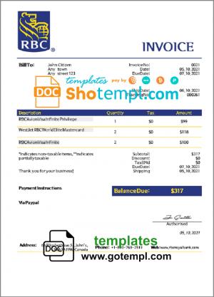editable template, USA RBC invoice template in Word and PDF format, fully editable