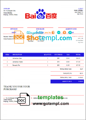 editable template, USA Baidu invoice template in Word and PDF format, fully editable