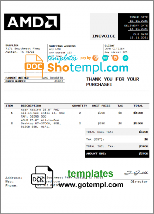 editable template, USA AMD invoice template in Word and PDF format, fully editable