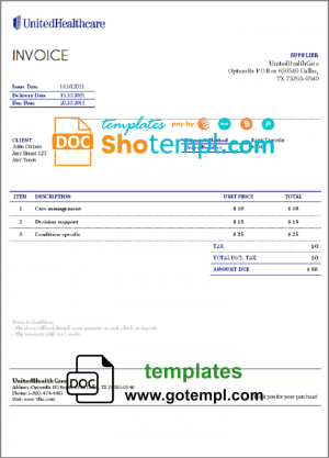 editable template, USA United Health Care invoice template in Word and PDF format, fully editable