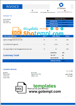 editable template, USA JP Morgan invoice template in Word and PDF format, fully editable