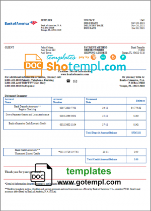 editable template, USA Bank of America invoice template in Word and PDF format, fully editable