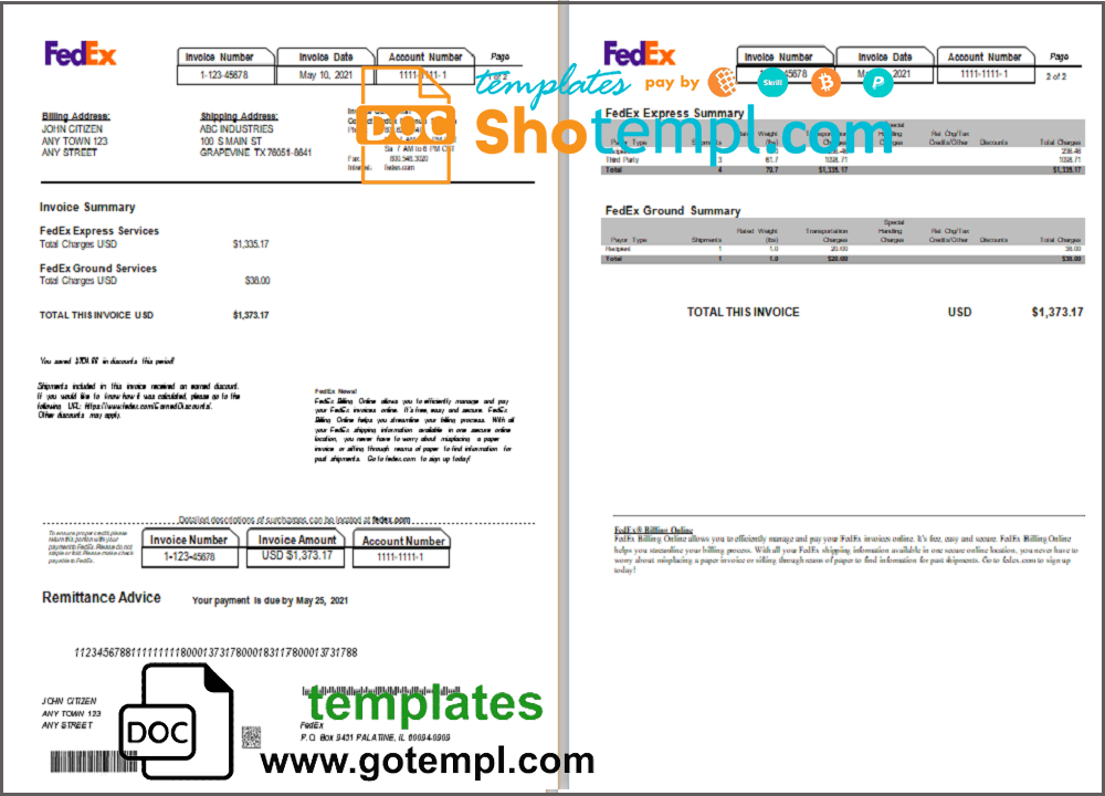 editable template, USA Fedex invoice template in Word and PDF format, fully editable