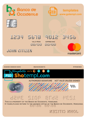 editable template, Honduras Banco de Occidente mastercard credit card fully editable template in PSD format