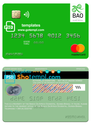 editable template, Guinea Bissau Banco Da Africa Ocidental mastercard credit card fully editable template in PSD format