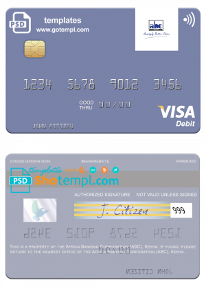 editable template, Africa Banking Corporation (ABC) Kenya visa card fully editable template in PSD format