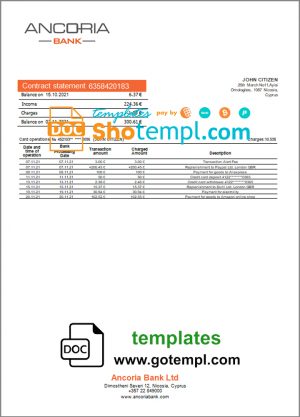 editable template, Cyprus Ancoria bank statement template in Word and PDF format