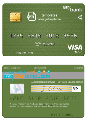 editable template, Czech Air Bank visa debit card template in PSD format