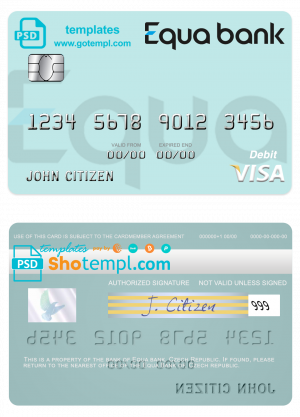 editable template, Czech Equa Bank visa debit card template in PSD format