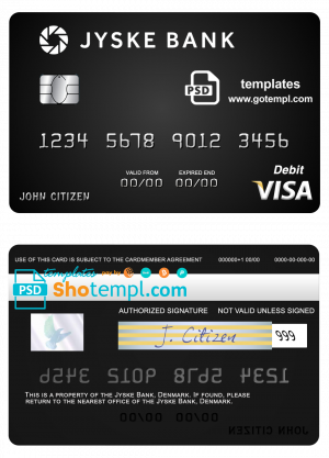 editable template, Denmark Jyske Bank visa debit card template in PSD format