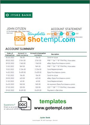 editable template, Denmark Jyske bank statement template in Word and PDF format
