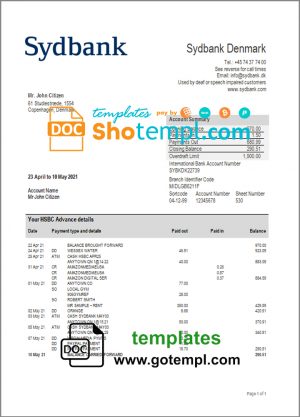 editable template, Denmark Sydbank bank statement template in Word and PDF format