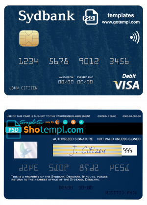 editable template, Denmark Sydbank visa debit card template in PSD format