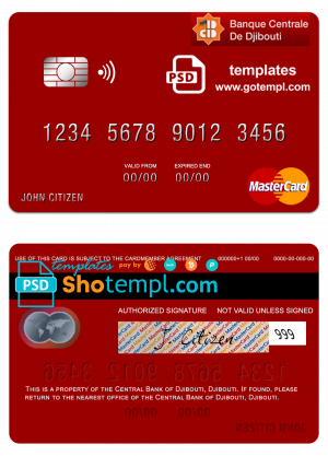 editable template, Djibouti Central Bank of Djibouti mastercard template in PSD format