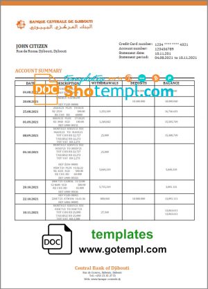 editable template, Djibouti Central Bank of Djibouti bank statement template in Word and PDF format