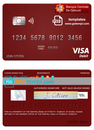 editable template, Djibouti Central Bank of Djibouti visa debit card template in PSD format