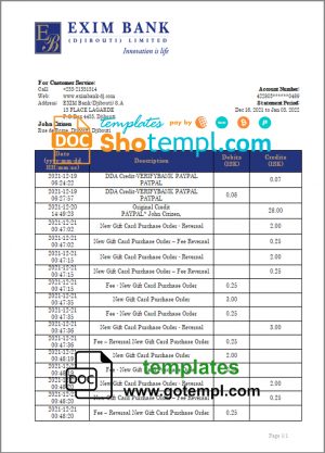 editable template, Djibouti Exim bank statement template in Word and PDF format