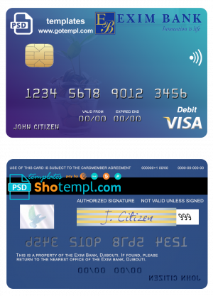 editable template, Djibouti Exim Bank visa debit card template in PSD format