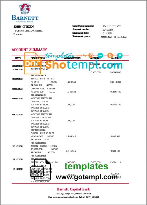 editable template, Dominica Barnett Capital bank statement template in Word and PDF format