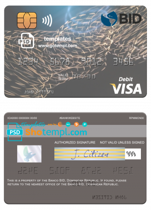 editable template, Dominican Republic Banco BID visa debit card template in PSD format
