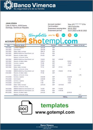 editable template, Dominican Republic Banco Vimenca proof of address bank statement template in Word and PDF format