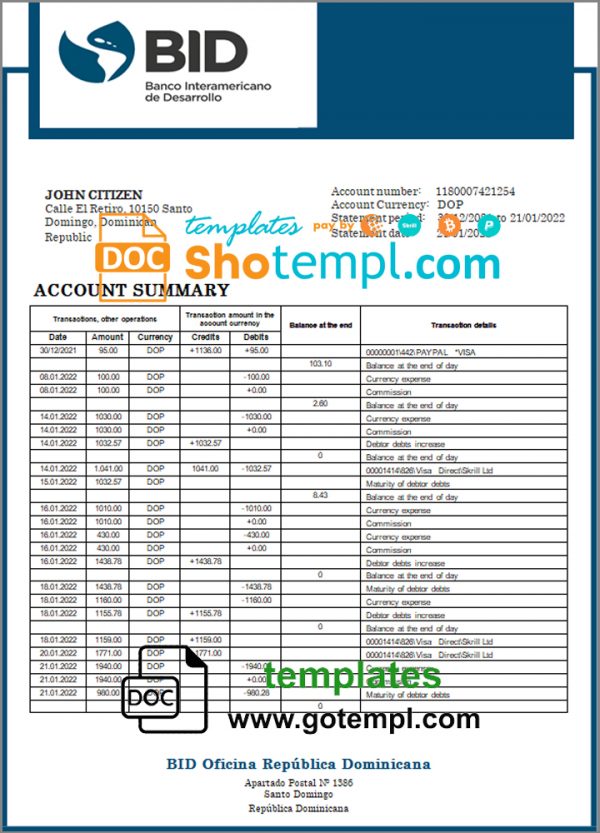 editable template, Dominican Republic Bid proof of address bank statement template in Word and PDF format