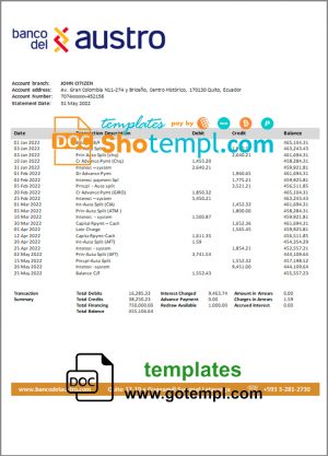editable template, Ecuador Banco del Austro proof of address bank statement template in Word and PDF format