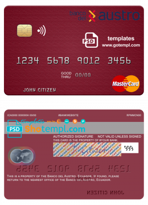 editable template, Ecuador Banco del Austro mastercard template in PSD format