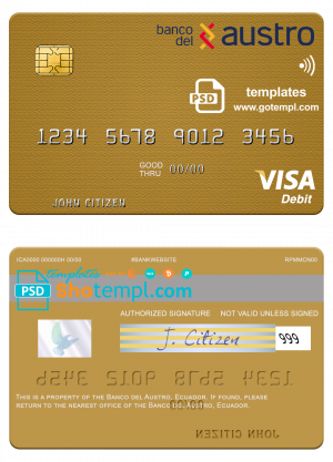 editable template, Ecuador Banco del Austro visa debit card mastercard template in PSD format