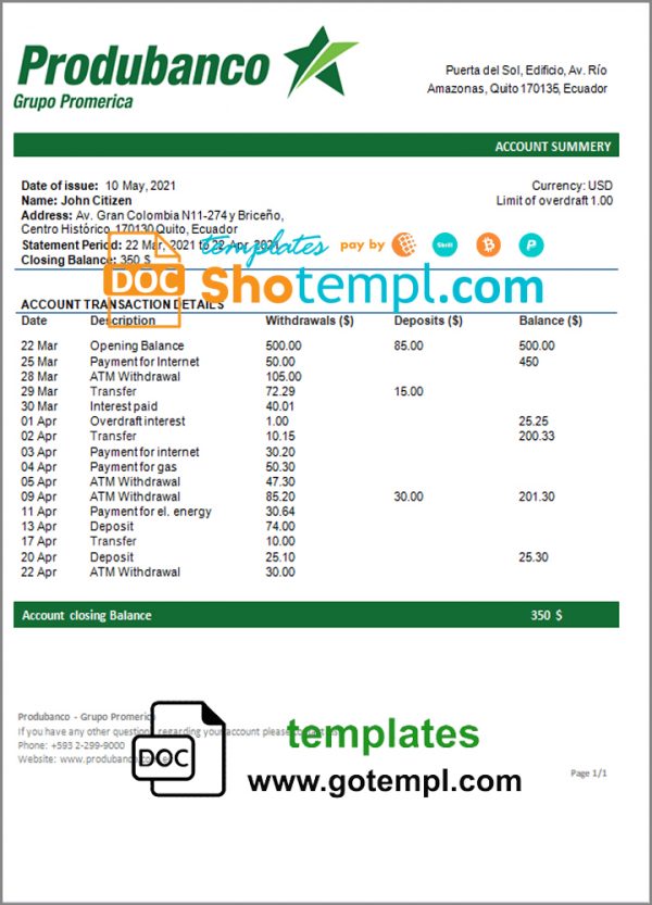 editable template, Ecuador Produbanco proof of address bank statement template in Word and PDF format