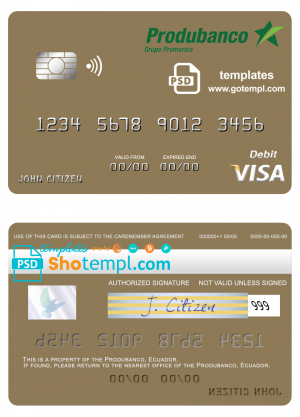 editable template, Ecuador Produbanco visa debit card template in PSD format