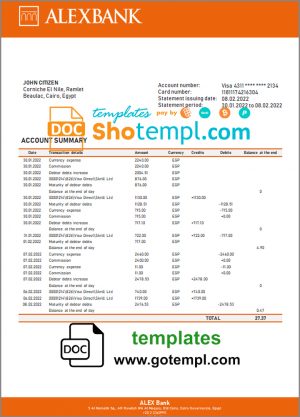 editable template, Egypt Alex Bank of Egypt proof of address bank statement template in Word and PDF format