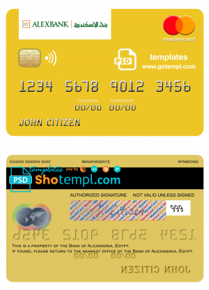 editable template, Egypt Bank of Alexandria mastercard template in PSD format