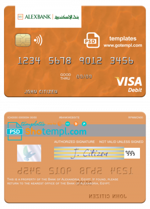 editable template, Egypt Bank of Alexandria visa debit card template in PSD format