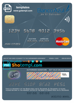 editable template, El Salvador Banco Azul de El Salvador mastercard template in PSD format