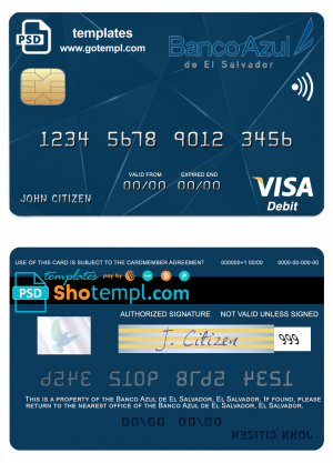 editable template, El Salvador Banco Azul de El Salvador visa debit card template in PSD format