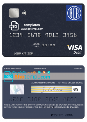 editable template, El Salvador Banco Central de Reserva de El Salvador visa debit card template in PSD format