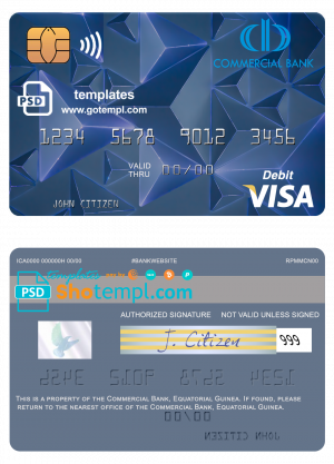 editable template, Equatorial Guinea Commerical bank Guinee Equatoriale visa debit card template in PSD format
