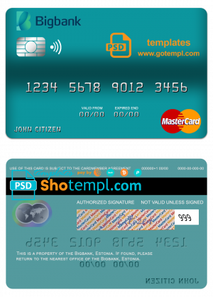 editable template, Estonia Bigbank mastercard credit card template in PSD format