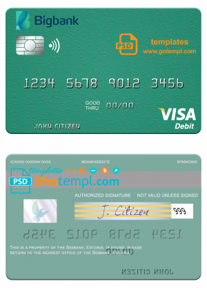 editable template, Estonia Bigbank visa debit card template in PSD format