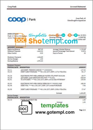 editable template, Estonia Coop Pank proof of address bank statement template in Word and PDF format
