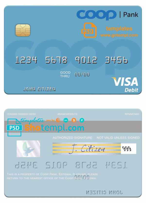 editable template, Estonia Coop Pank visa debit credit card template in PSD format