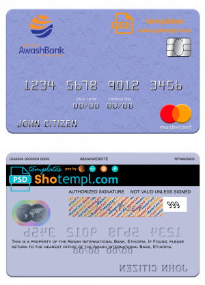 editable template, Ethiopia Awash International Bank mastercard credit card template in PSD format